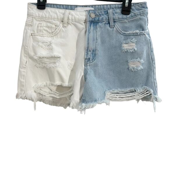 Vervet Medium Blue & White Colorblock Denim Rebecca High Rise Distressed Shorts - Picture 2 of 10